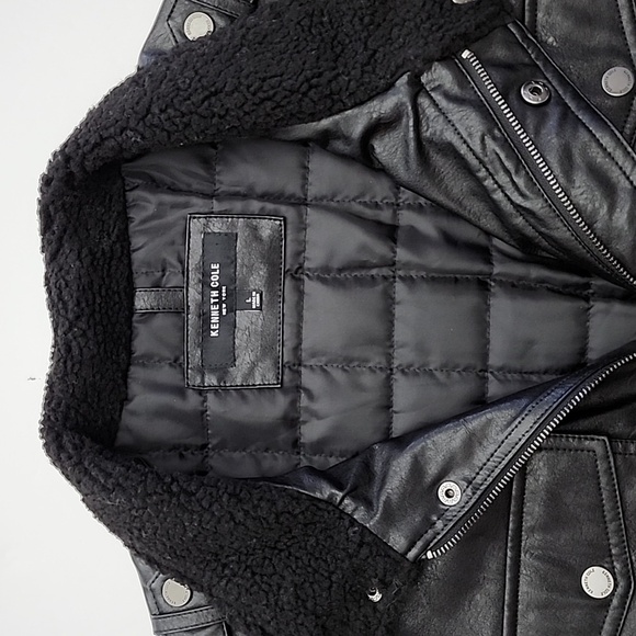Kenneth Cole New York Men's Black Faux Leather Jacket Faux Sherpa Trim Sz Large - Picture 5 of 16